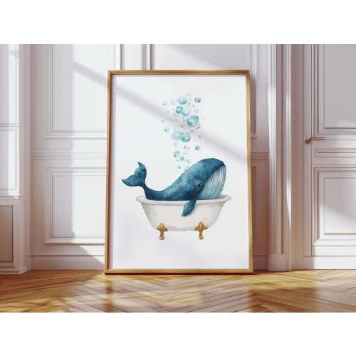 Whale in Bathtub Canvas Wall Art, Cute Watercolor Animal Bathroom Décor with Bubbles, Playful Nursery or Kids Room Whale Artwork