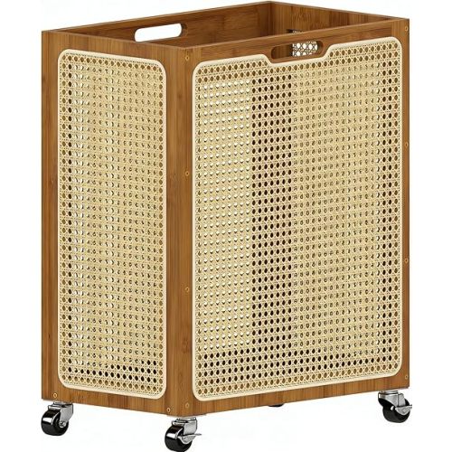 Laundry Hamper with Wheels, Decorative Boho Rattan Laundry Baskets, 90L Large Bamboo Dirty Clothes Basket Organizer, Rolling Wicker Laundry Hampers for Bathroom,Bedroom