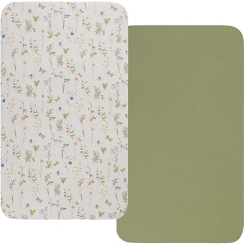 Onacosht Muslin Bassinet Sheets 33" x 19", 2 Pack, Floral & Lime Green