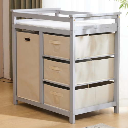 Zimtown Baby Changing Table,Dresser Baby Diaper Changing Station with Laundry Hamper,Infant Nursing Table with 3 Storage Drawers,Removable Safety Rail & Strap for Bedroom,Gray