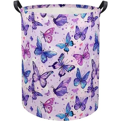 HIYAGON Butterfly Baby Laundry Basket Baby Hamper for Nursery Girl Kids Butterfly Hamper Cute Kids Toys Storage Bin Organizer Butterfly Room Decor for Home(Purple Butterfly)