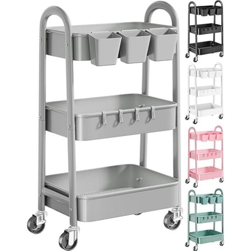 3 Tier Gray Metal Rolling Cart, Mesh Storage Cart with Handle and Lockable Wheels, Multifunctional Three Tiered Utility Organizer Carts for Kitchen, Office, Bathroom, Craft, Art, Snack, Baby Supplies