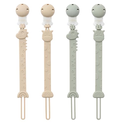 Pacifier Clips for Baby Boys Girls, One-Piece Silicone Pacifier Holder Strap 4 Pack, Binky Paci Clips Animal Rainbow Design, Lightweight Break-Resistant, Dishwasher Safe-Ivory+Sage