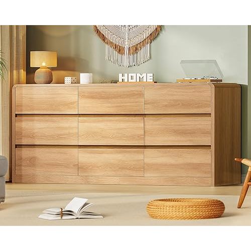 TEENFON 9 Drawer Dresser for Bedroom, 63" Wide Dressers & Chest of Drawers with Curved Profile Design, Wood Closet Storage Dressers Organizer for Bedroom, Living Room, Natural
