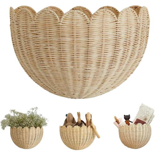Scalloped Wall Basket,Hanging Hand Woven Wicker Wall Basket with Metal Frame & Hook, Scalloped Rattan Wall Storage & Decor for Home,Bathroom,Kitchen,Living Room (16"x7"x10"(2pcs))