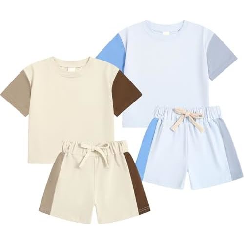 4Piece Baby Boys Summer Set Toddler Cotton Outfits 2 Short-Sleeve Tops + 2 Shorts
