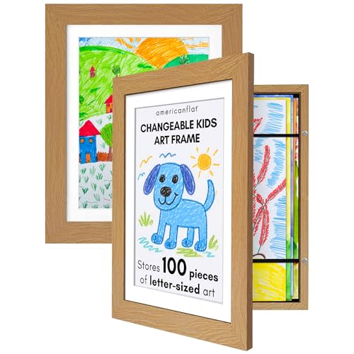 Kids Artwork Frame Changeable (Dark Oak) - Magnetic Door Holds 100 Art Pieces - 8.5x11 Letter Size Display with Mat or 10x12.5 Without Mat - My Mini Masterpiece (Set of 2)