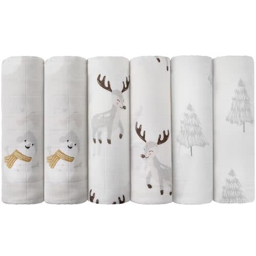 Maliton Muslin Swaddle Blankets for Newborn, 6-Pack Breathable Receiving Blanket (27" x 27") Soft Baby Blanket for Girls and Boys, Baby Burp Cloths with 3-Layer Cotton Design for Infant Wrap(Reindeer)