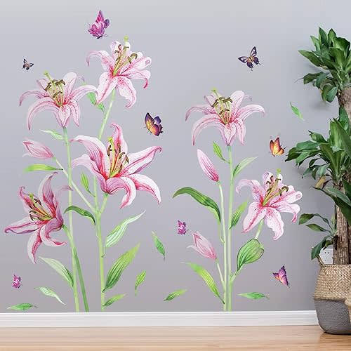 Pink Lily Flowers Wall Sticker Lifelike Romantic Lilys Floral Wall Decals Color Butterfly Green Stem Leaves Removable Art Decor for Home Living Room Girls Bedroom Playroom Bathroom Nursery