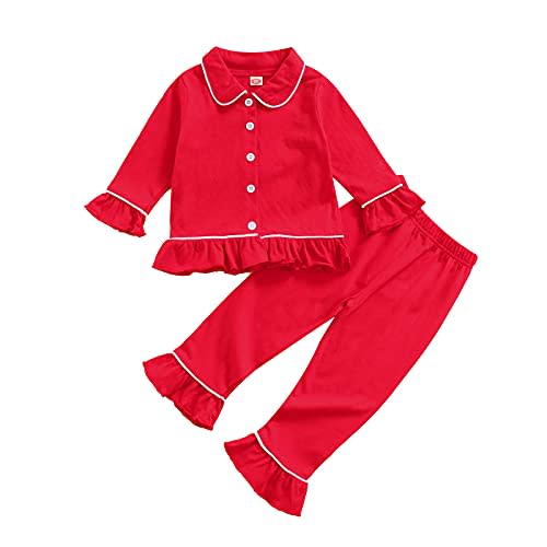 Multitrust Baby Girls Ruffled Cotton Pajamas Set Long Sleeve Button Down Shirts and Flared Pants Matching Pj Sets Sleepwear