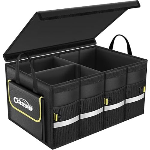Oasser Car Trunk Organizer, Collapsible Waterproof Multi Compartments Car Storage Organizer with Foldable Cover Reflective Strip (Standard, Black)