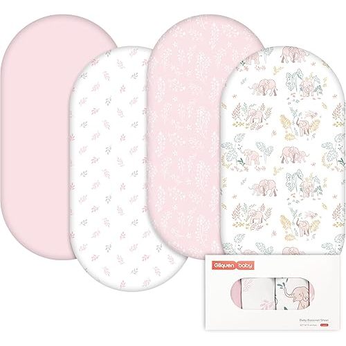 Gllquen Baby Bassinet Sheets 4 Pack, Breathable Cozy Fitted Mattress Sheet, Elastic Travel Crib Fashionable Pattern, Standard Cradle Safe Sheets for Baby Boys Girls 32"x16"(Line-Talk Elephant)