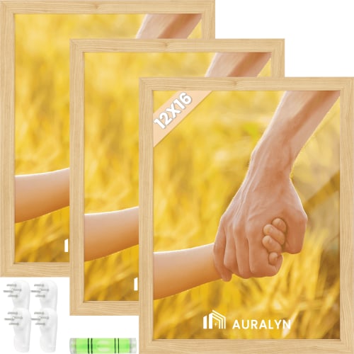 AURALYN 12x16 Picture Frame Set of 3 – Fits 8.5x11 with Mat or 12x16 Without Mat – Wood Grain, Finger-Friendly, Easy to Hang, Includes Hanging Kit (Wood Frames, 3 Pack)