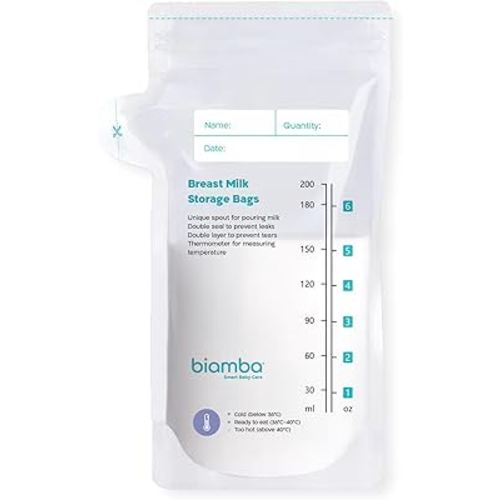 50-Piece Milk Storage Bags Breastmilk by Biamba - Breastmilk Storage Bag Freezer BPA-Free, Double Seal Leak-Resistant, Temperature Indicator, Easy Pour Spout, Pre-Sterilized, 200ml / 6.7 Fl.oz Per Bag
