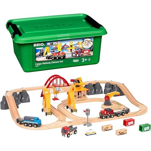 BRIO World Cargo Railway Deluxe - Wooden Track Train Set - Battery-Powered Engine, 3 Cranes, Bridge, Truck - Kids Ages 3+ - Compatible with All Wooden Rail Sets - FSC Certified Wood - 54-Pieces