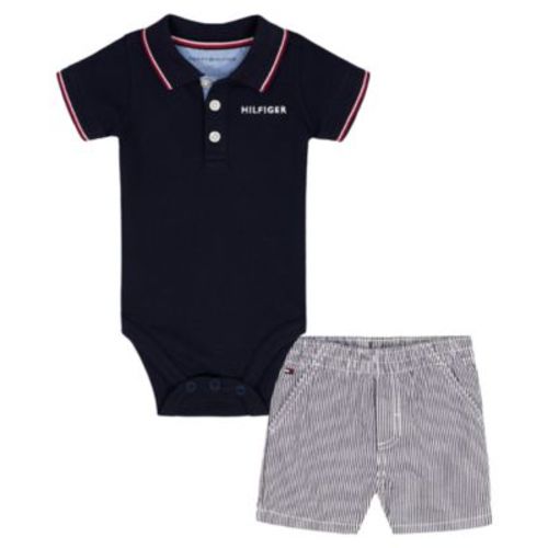 Baby Boys' Striped Trim Pique bodysuit and Corded Striped Shorts, 2-Piece Set