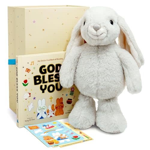 HELLO 2 KIDS Praise Bunny Christian Baby Gift Set – 11” Musical Plush with 3 Bible Songs, Blessing Book, Keepsake Box & Stickers – Perfect Baptism, Christening Gift for Boys & Girls