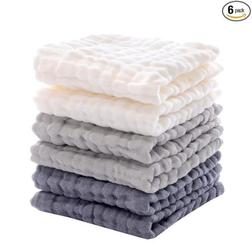 MUKIN Baby Washcloths - Soft Face Cloths for Newborn, Absorbent Bath Face Towels, Baby Wipes, Burp Cloths or Face Towels, Baby Registry as Shower. Pack of 6-12x12 inches (Grey)