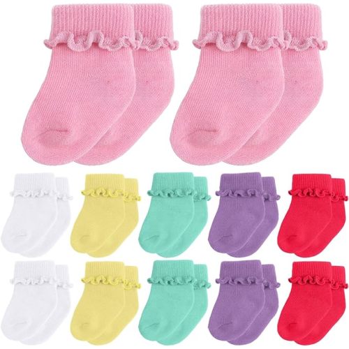 Toulite 12 Pairs Preemie Newborn Baby Ankle Socks Ruffle Turn Cuff Cotton Non-slip Warm Socks for Girls and Boys Infant