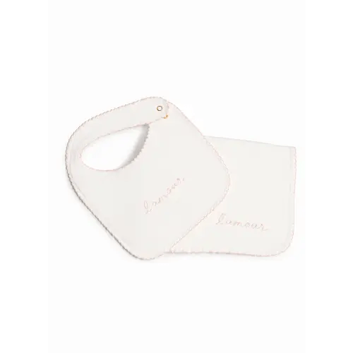 TIMO & VIOLET Bib & Burp Cloth Set - Embroidered Pink "L'Amour"