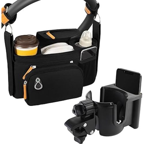 Universal Stroller Organizer with Insulated Cup Holders and 360° Rotatable Universal Cup Holder with Phone Holder