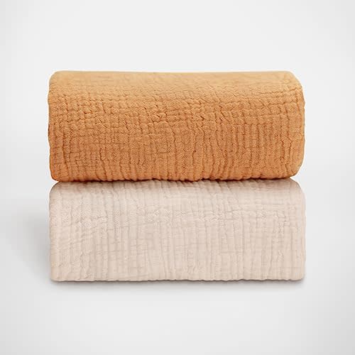 Blissful Diary Muslin Bassinet Sheets for Baby Girls Boys, Boho Soft Cotton Fitted for Oval Hourglass Rectangle Mattress, 2 Pack(Retro Yellow&Beige)