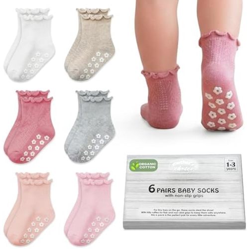 Mother's Choice Organic Cotton Blend Baby Socks 6M–5Y, Non-Slip 6 Pairs Grip Ruffle Socks For Infants & Toddlers, Daily Use