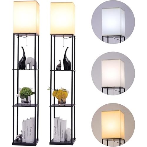 Floor Lamp with Shelves, Modern Square Standing Lamp with 3 Color Temperature Bulb, Corner Display Bookshelf Lamp for Living Room, Bedroom and Office (Black-2 Pack)