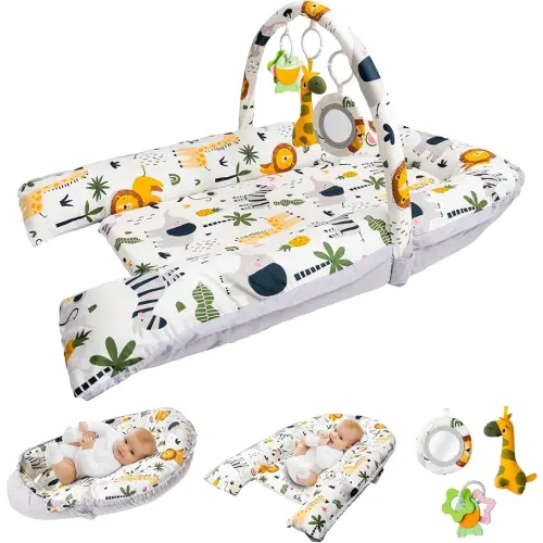 Baby Lounger with Toy Bar & 3 Toys – Infant Nest for Newborns 0–12 Months | 100% Cotton Soft Breathable Cover, Portable Washable Tummy Time Pillow, Shower Gift Registry Essential Newborn Boys
