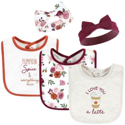 Hudson Baby Infant Girl Cotton Bib and Headband or Caps Set, Pumpkin Spice, One Size