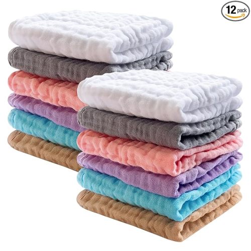 SWEET DOLPHIN 12 Pack Baby Muslin Washcloths - Soft Face Cloths for Newborn, Absorbent Bath Wash Cloths, Wipes, Burp Rag - Toddlers Essentials Stuff, Baby Registry as Shower -10"x10", Multicolor