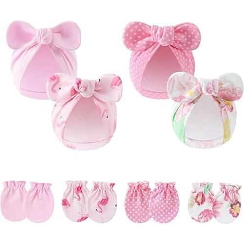 LIDHAY 4PCS Newborn Baby Hospital Hats Beanie Bow Infant Caps Cotton Preemie Hats No Scratch Mittens Set for 0-1 Years Old