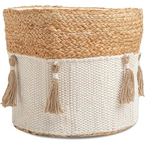 Crane Baby Boho Safari Nursery Decor Baby Storage Bin, Cotton & Jute Collapsible Fabric Basket Organizer, 13X12 Jute 13 X 12 Inches Beige