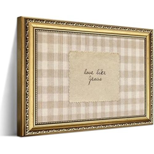 Gold Framed Vintage Love Like Jesus Wall Art, Christian Faith Quote Picture Wall Decor, Beige Gingham Religious Canvas Print, Cottagecore Poster Painting for Bedroom Living Room Nursery 12x16in