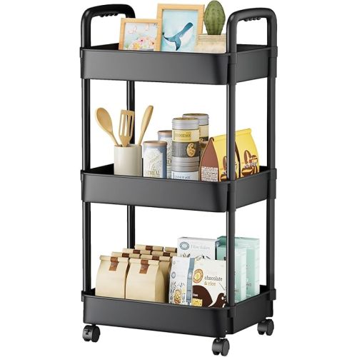 EZ COZY 3 Tier Rolling Cart, Plastic Diaper Cart Organizer with Wheels, Roller Cart for Diapers, Baby Nursery, Kitchen, Bathroom, Living Room and Bedside, Black