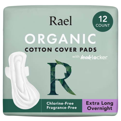 Rael Pads for Women, Organic Cotton Cover - Period Pads with Wings, Feminine Care, Sanitary Napkins, Heavy Absorbency, Unscented, Ultra Thin (Extra Long Overnight, 12 Count)
