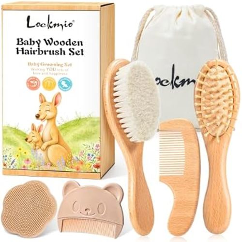 6PCS Wooden Baby Hair Brush and Comb Set for Newborns, Baby Bath Essentials