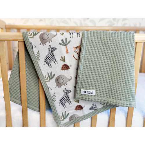 Organic Waffle and Muslin Blanket – Embroidered Name Blanket – Personalized Baby Gift – Soft & Warm Newborn Blanket – Safari Nursery