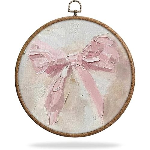 Coquette Pink Bow Round Frames for Art, Waterproof Oil Painting Pink Bow Boho Wall Hanging, Trendy Preppy Cute Art Decorations with Hook, for Home Bathroom Living Room Bedroom, 08