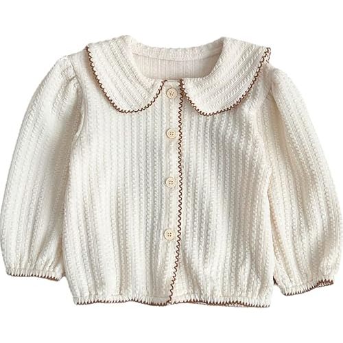 Toddler Girls' White Knit Cardigan with Peter Pan Collar and Contrast Trim