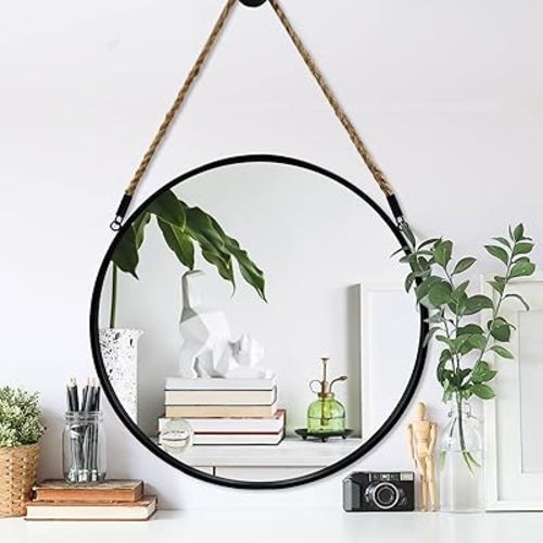 POZINO Round Hanging Mirror, 20" Rope Wall Mirrors Decorative, Black Metal Frame Circle Mirrors, Farmhouse Wall Mounted Mirrors for Bathroom, Bedroom, Living Room, Entryway, Home Decor