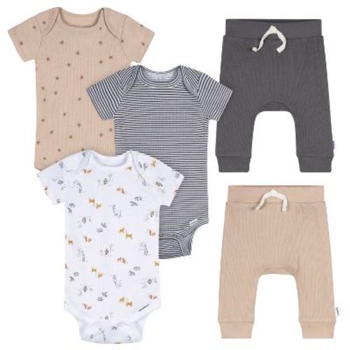 Gerber Baby Neutral 5-Piece Bodysuits & Pants Set, Safari, 0-3 Months