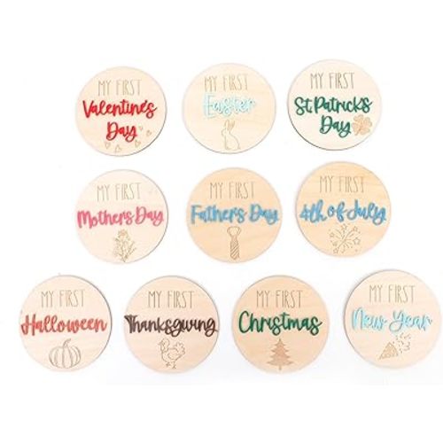 10Pcs First Holiday Wooden Discs - My First Holiday Milestone Cards,New Year Keepsake for Newborns,First Thanksgiving Halloween Christmas Easter Mother Father Day Photo Prop,Growth Announcement Sign