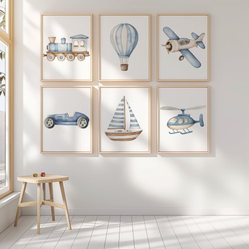 Vehicle Art Prints, Set of 6, Boy Nursery Wall Art, Printable Transportation Nursery Decor, Car Plane Train Boat Hot Air Balloon Prints