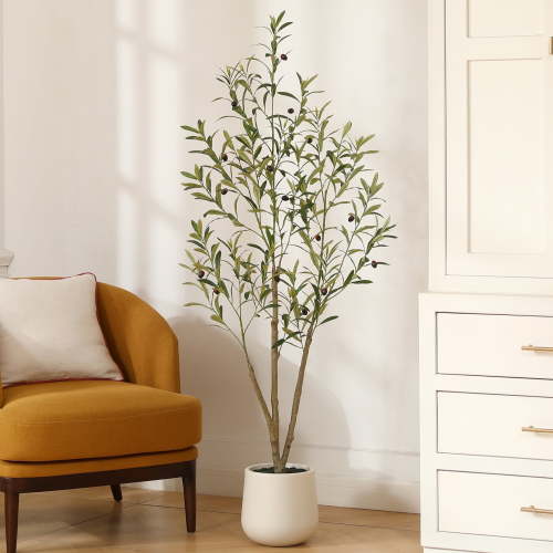 5ft Fake Plastic Olive Tree with Oval White Planter, Pre Potted Faux Greenry Plant for Home Decor Office House Living Room Indoor Outdoor, Big Fake Plants Fake House Plants