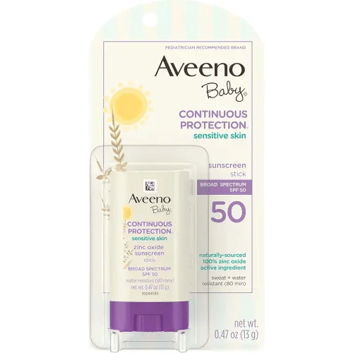 Aveeno Baby Continuous Protection Mineral Sunscreen Stick for Sensitive Skin with Broad Spectrum SPF 50 Protection for Face & Body, Naturally Sourced 100% Zinc Oxide, Travel Size, 0.47 oz