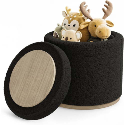 VividVibes Round Ottoman with Storage, Ottoman Foot Rest, Boucle Small Ottoman, Foot Stool, Vanity Stool, Upholstered Sherpa Ottoman Support 250 lbs for Living Room, Bedroom (Black)