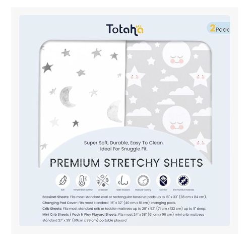 TotAha Premium Stretchy Crib Sheets (2-Pack)-Hypoallergenic, Silky Comfort, Buttery Soft, Calming Effect, All-Season Jersey-Knit Sheets, 9'' Extra Deep Pocket, Moon & Grey Sky