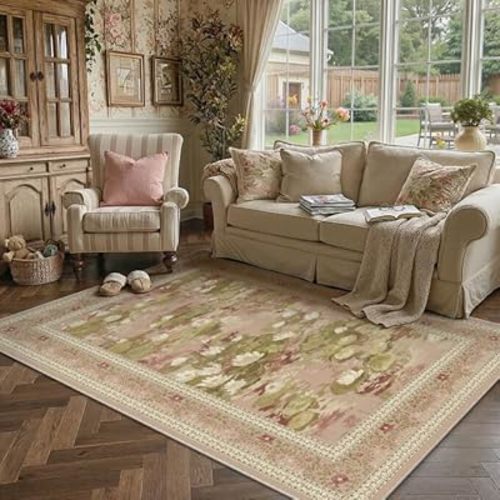 PureCozy Washable 5x7 Area Rug for Living Room Pink Floral Indoor Large Carpet Non Slip Low Pile Vintage Impressionist Rugs for Bedroom Dining Room Nursery Playroom Farmhouse Decor