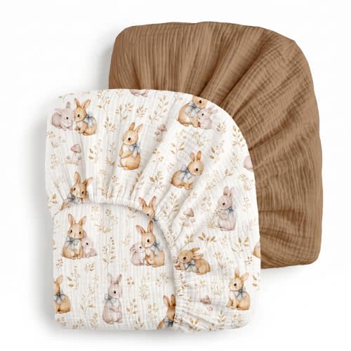 Muslin Crib Sheets for Boys Girls, Fitted 52''x28'' Organic Cotton | 2Pk, 100% cotton, breathable & skin-friendly, fits standard crib and toddler mattresses, secure all-around elastic Bed Cover